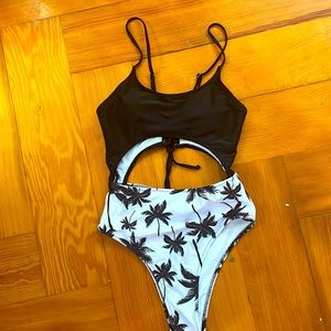 Black and white palm tree one piece swimsuit